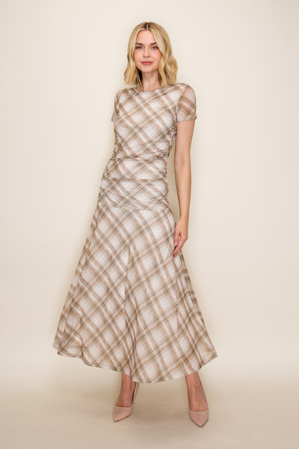 Plaid Ruched Mesh Fit And Flare Midi Dress