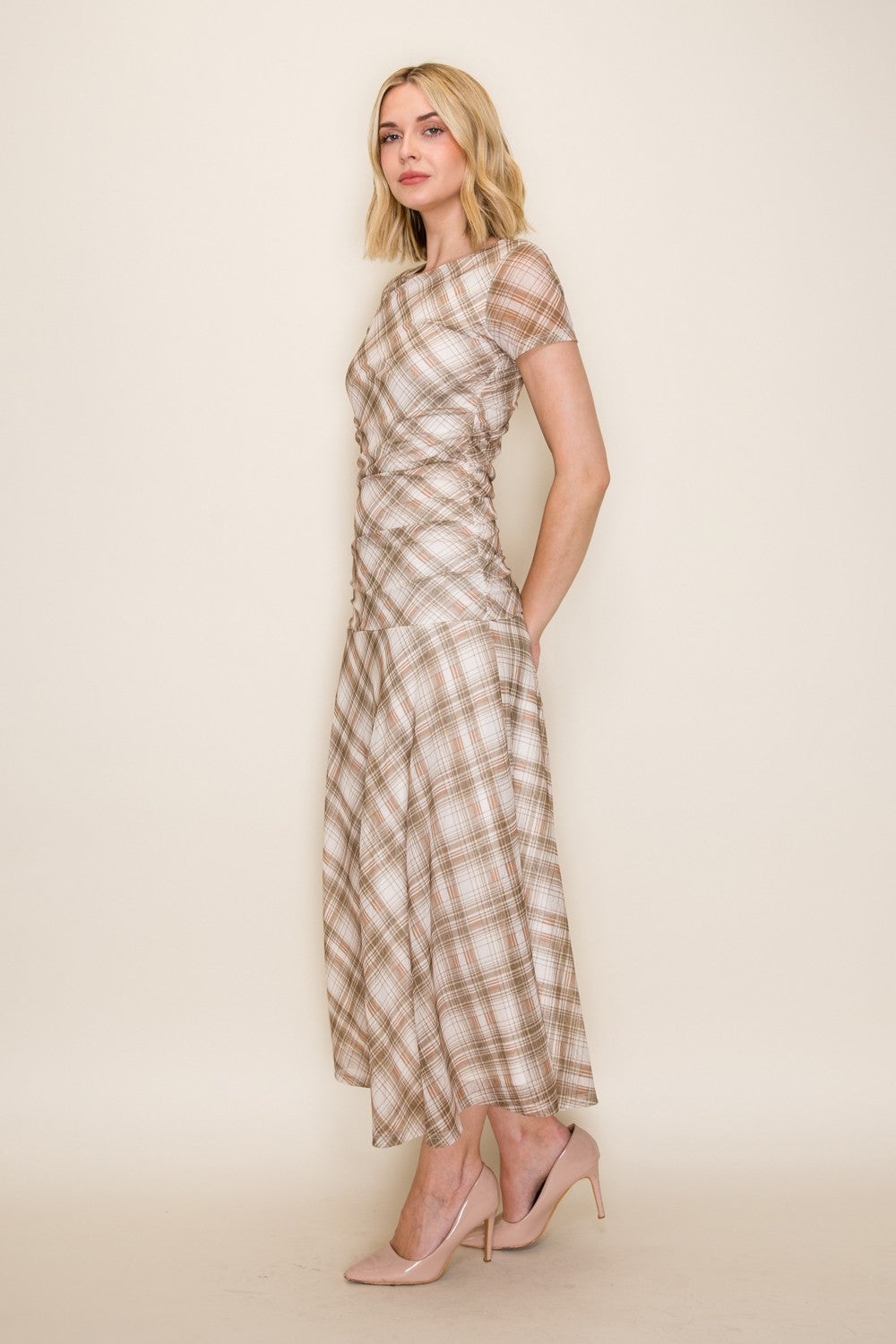 Plaid Ruched Mesh Fit And Flare Midi Dress