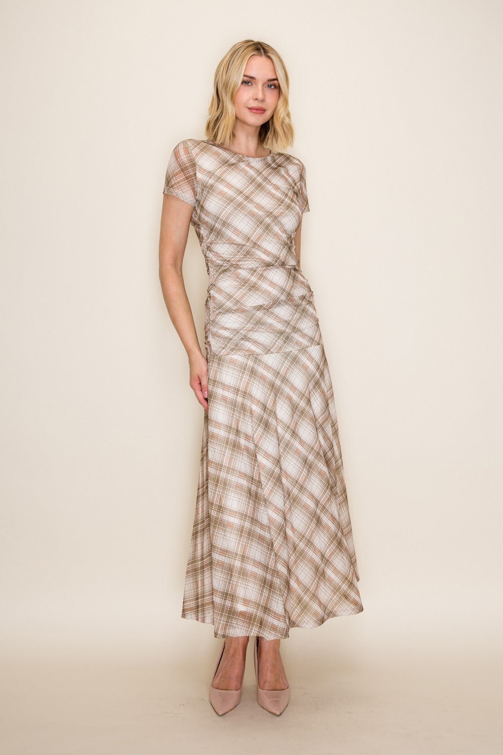 Plaid Ruched Mesh Fit And Flare Midi Dress
