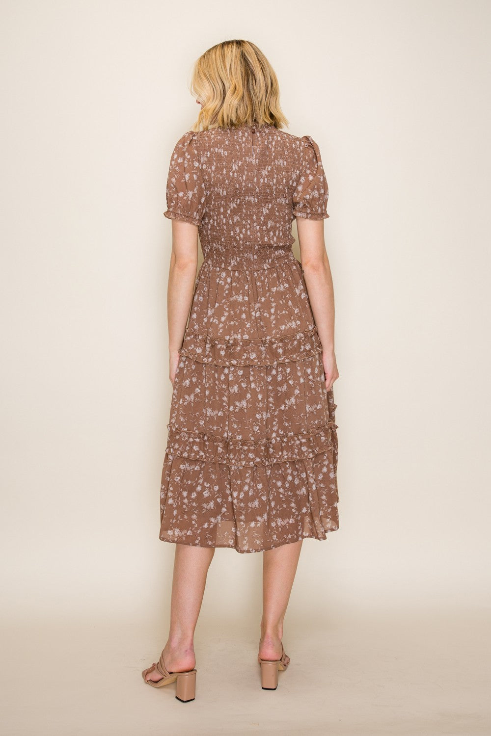 Smocked Bodice Tiered Ruffle Midi Dress