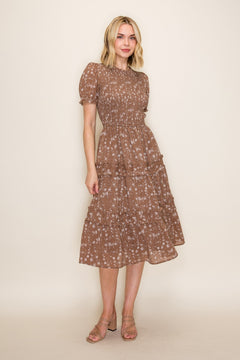 Smocked Bodice Tiered Ruffle Midi Dress
