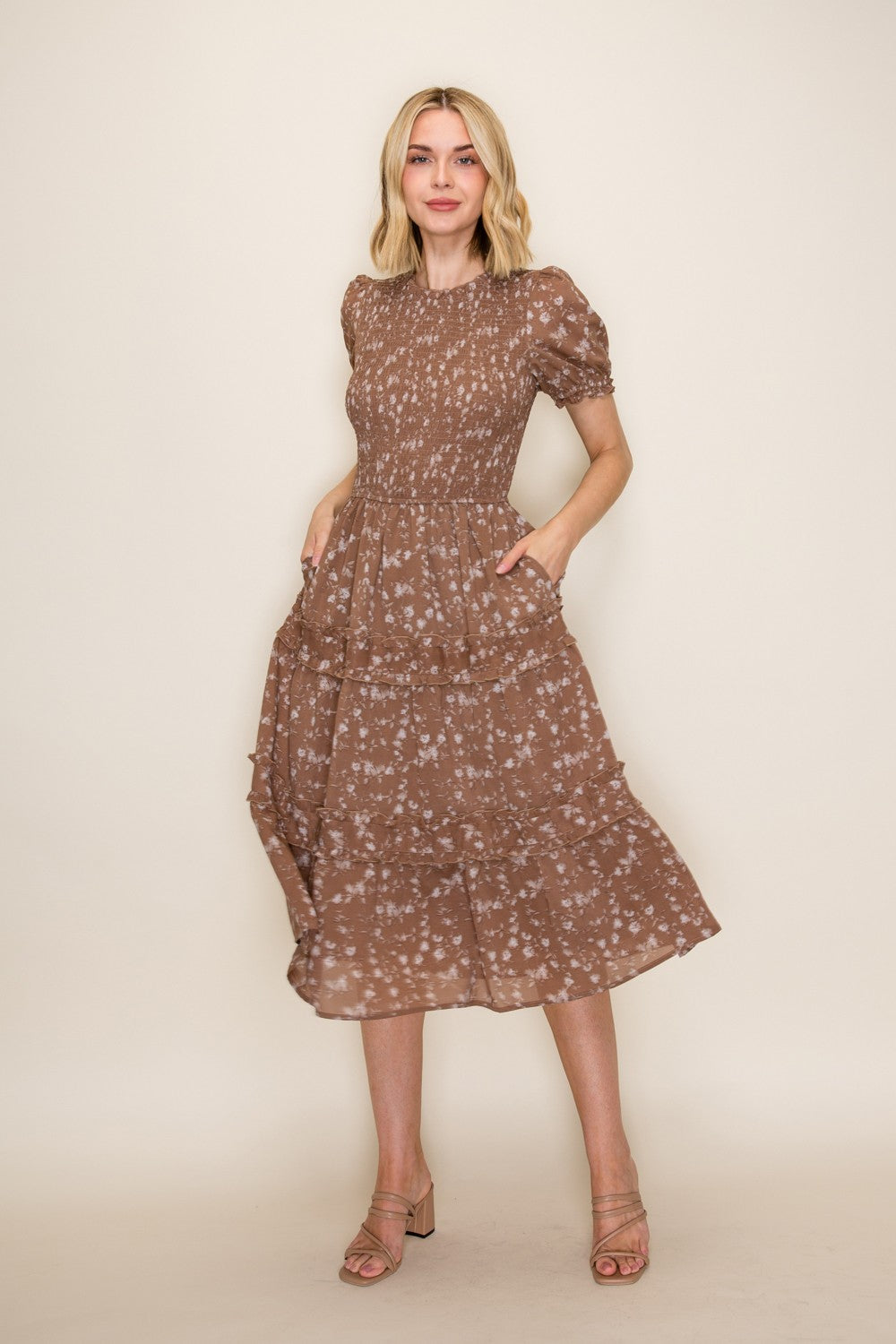 Smocked Bodice Tiered Ruffle Midi Dress
