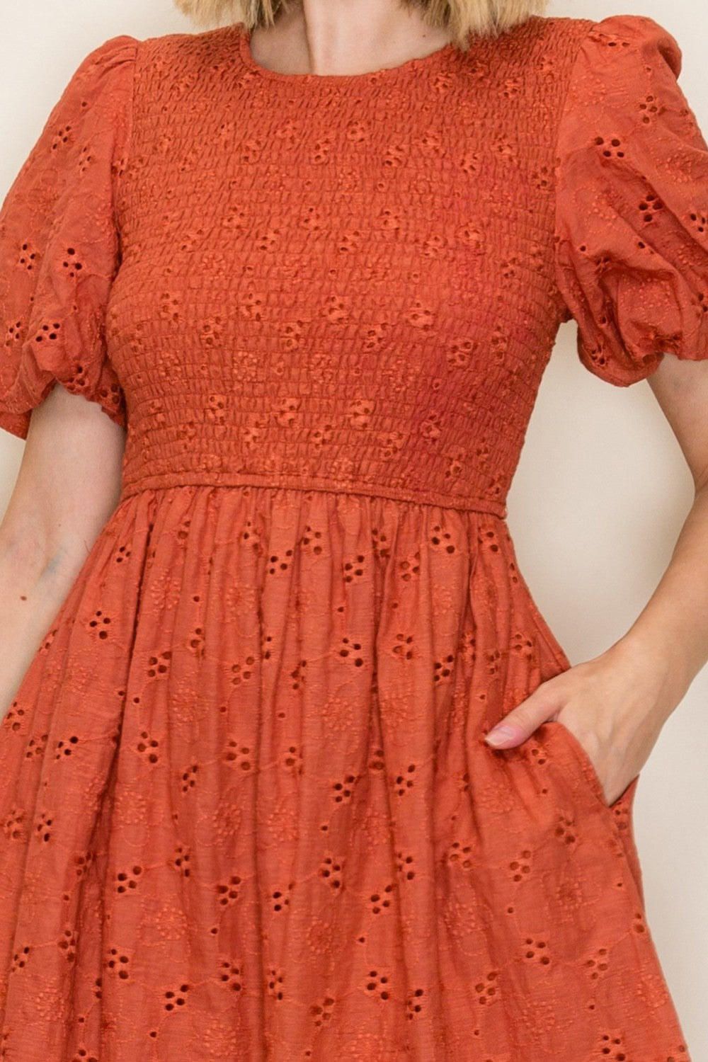 Eyelet Smocked Bodice Midi Dress
