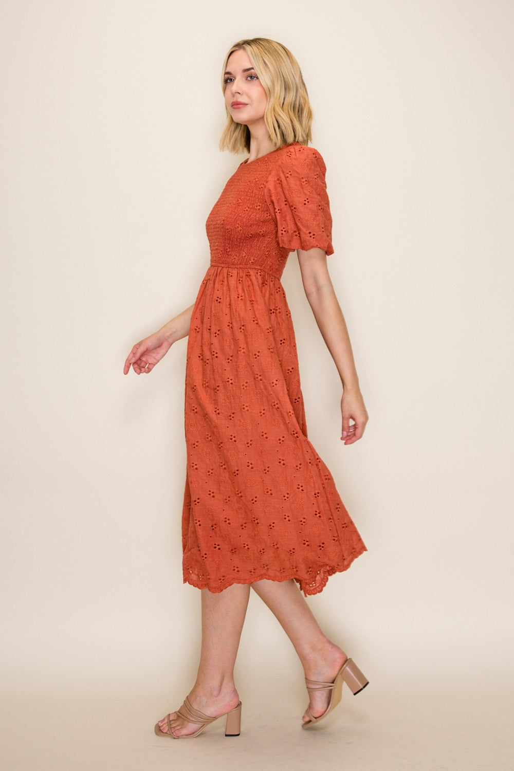 Eyelet Smocked Bodice Midi Dress