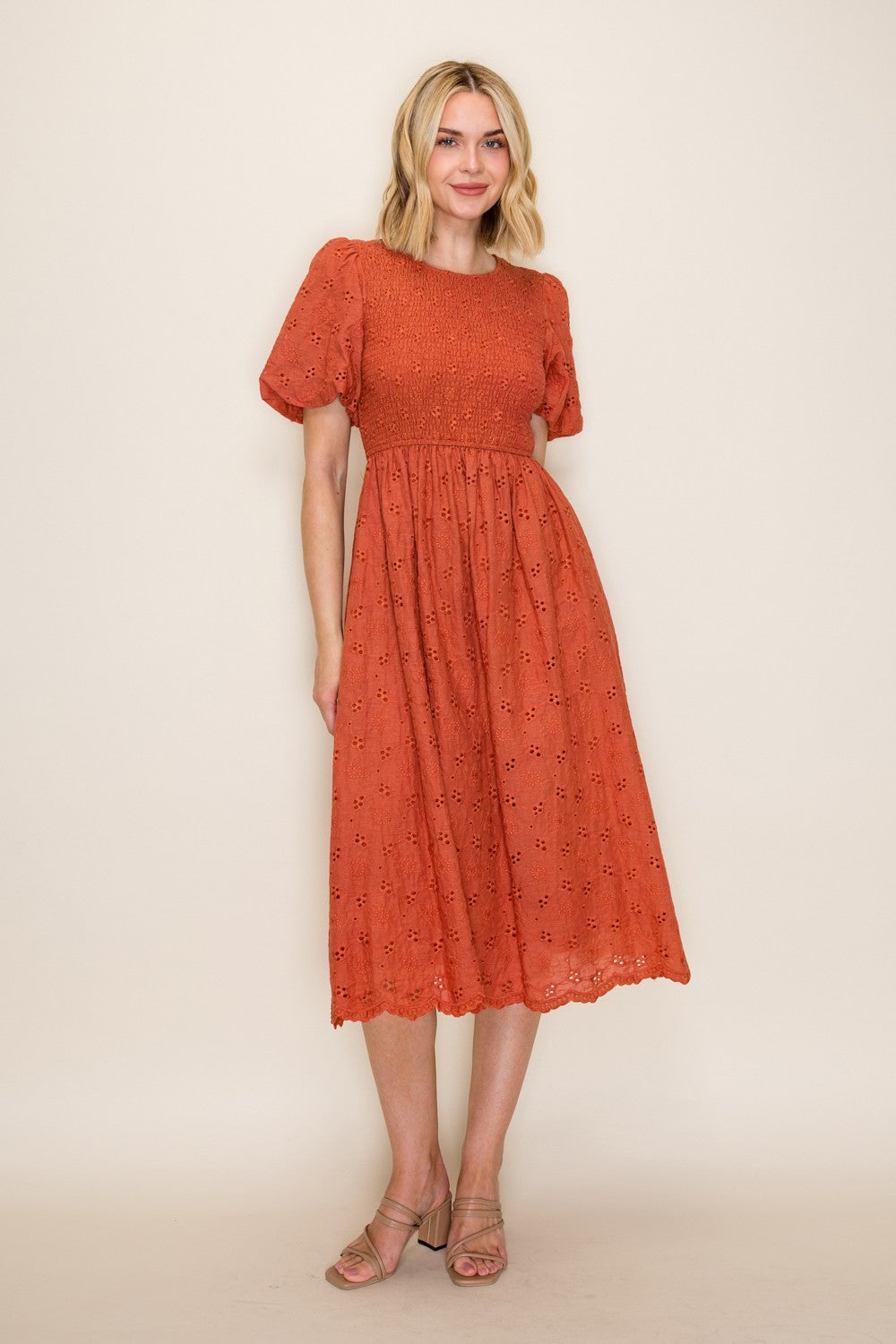 Eyelet Smocked Bodice Midi Dress