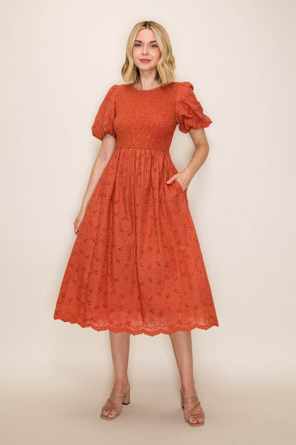 Eyelet Smocked Bodice Midi Dress
