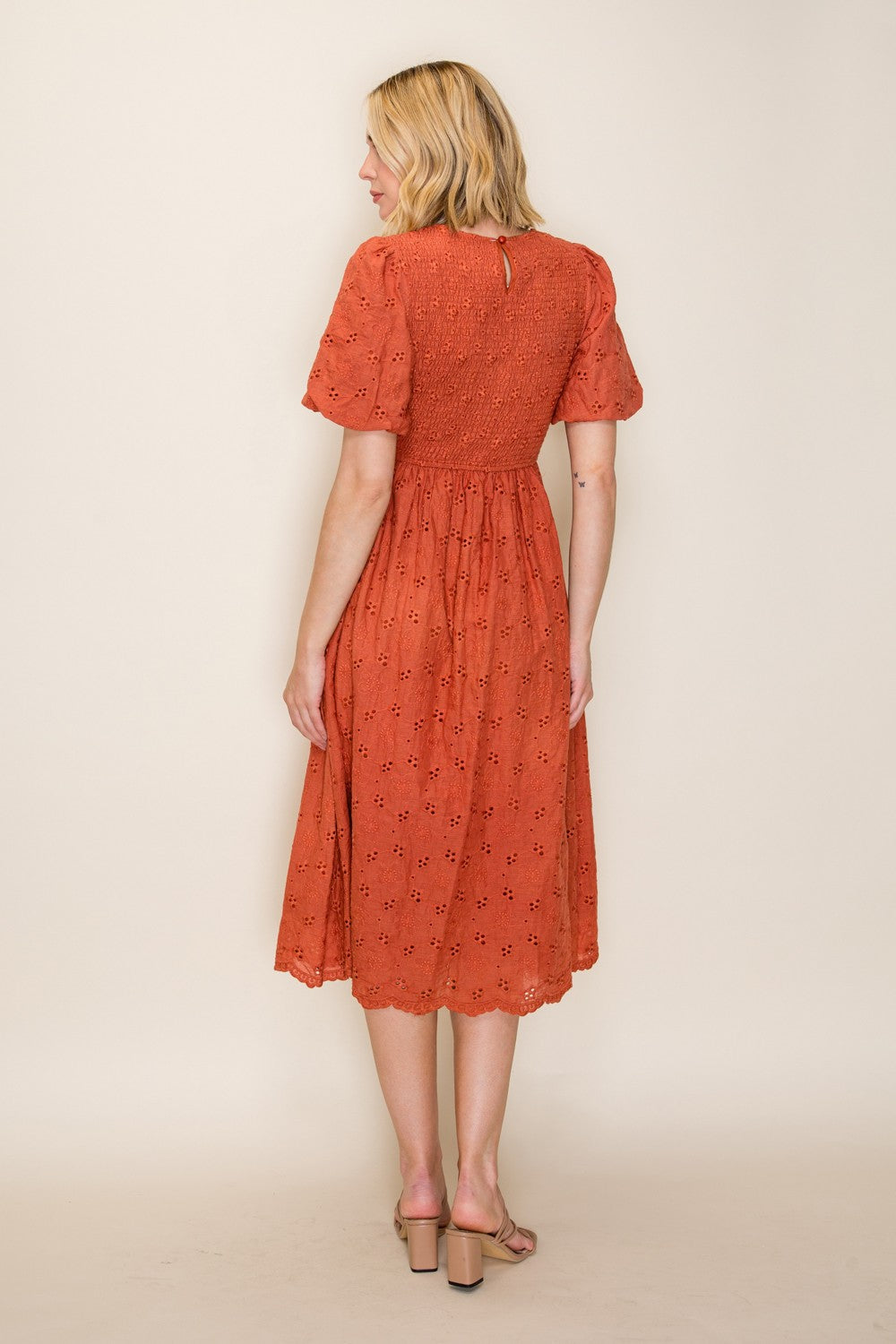 Eyelet Smocked Bodice Midi Dress
