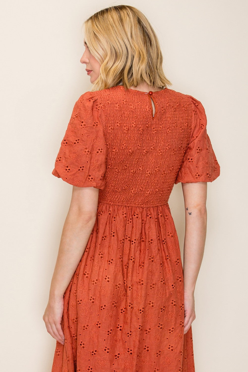 Eyelet Smocked Bodice Midi Dress