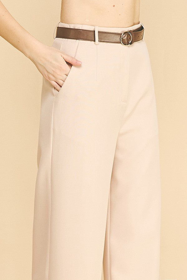 Twill Leather Buckle Belted Wide Leg Trousers