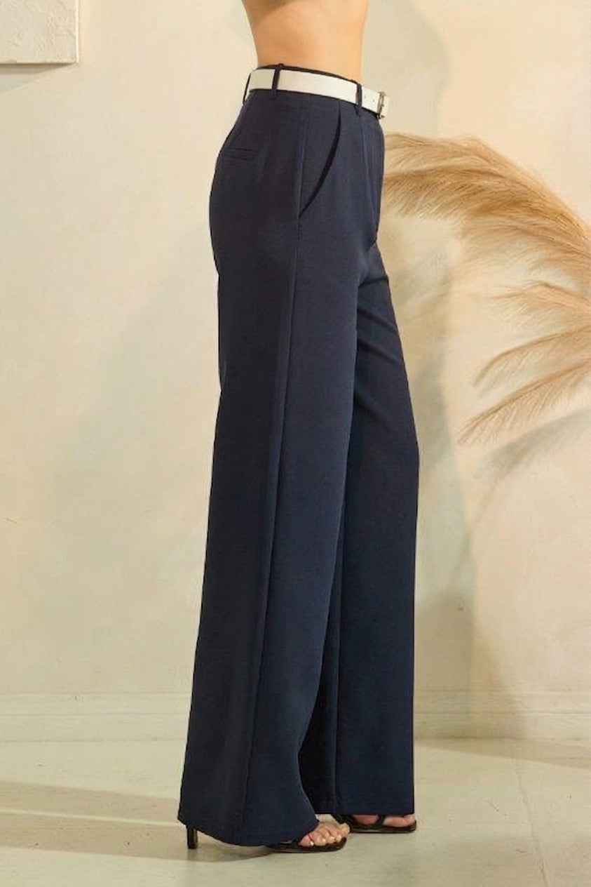 Twill Leather Buckle Belted Wide Leg Trousers