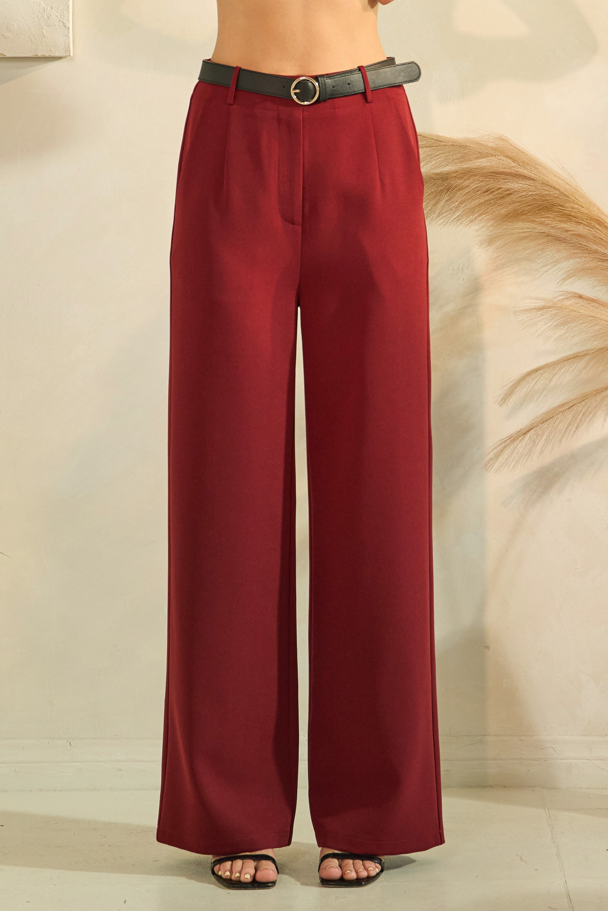 Twill Leather Buckle Belted Wide Leg Trousers
