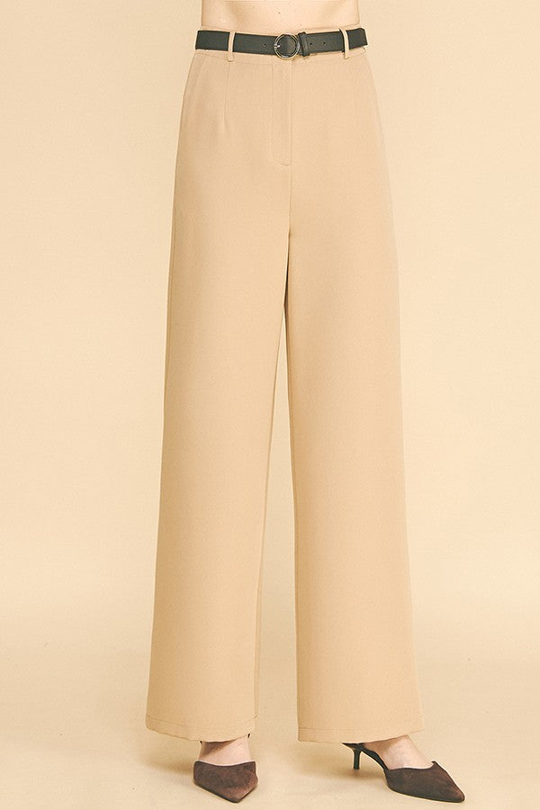 Twill Leather Buckle Belted Wide Leg Trousers