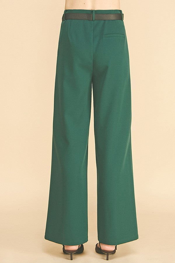 Twill Leather Buckle Belted Wide Leg Trousers