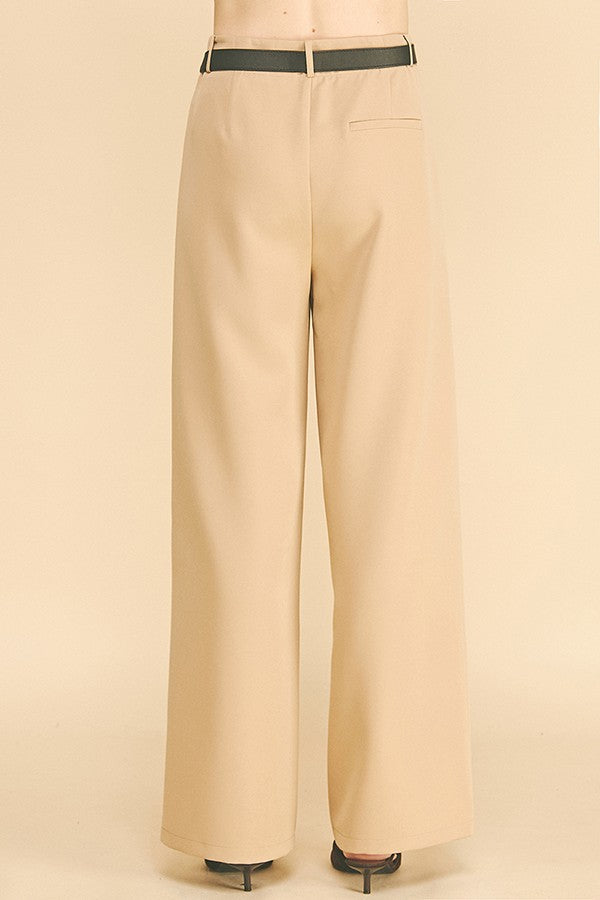 Twill Leather Buckle Belted Wide Leg Trousers