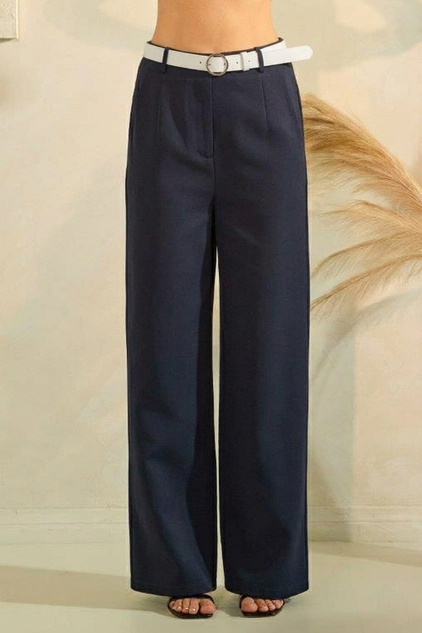 Twill Leather Buckle Belted Wide Leg Trousers