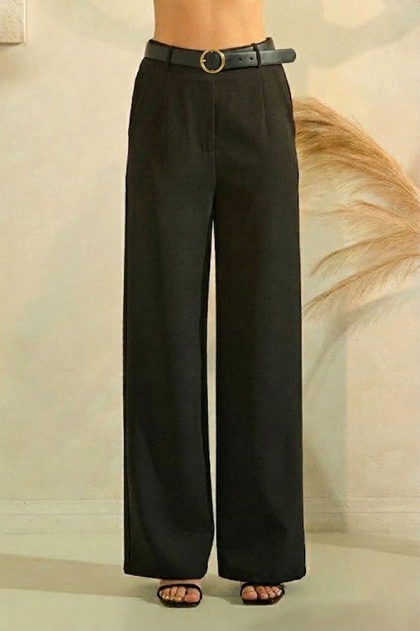 Twill Leather Buckle Belted Wide Leg Trousers