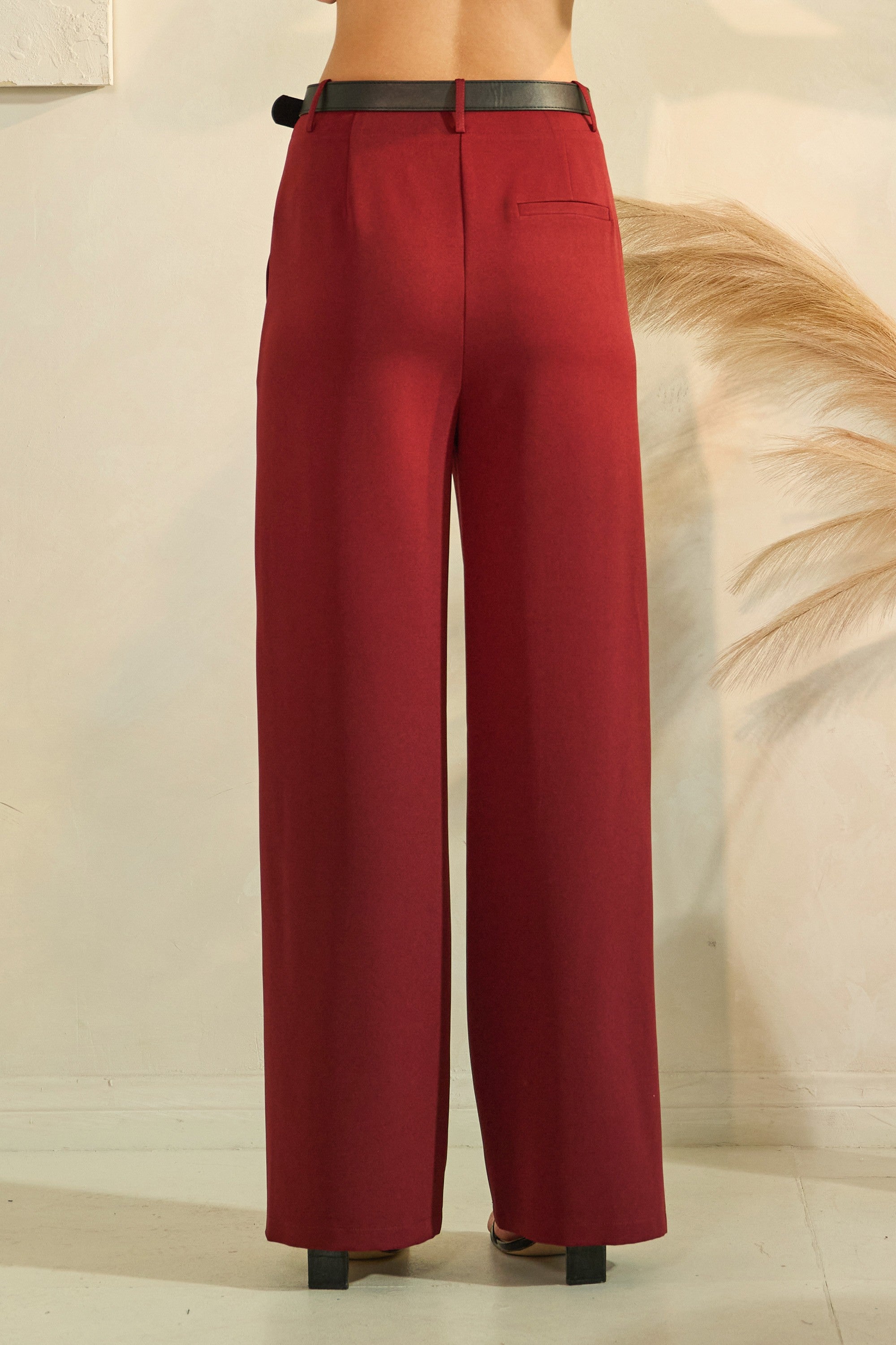 Twill Leather Buckle Belted Wide Leg Trousers