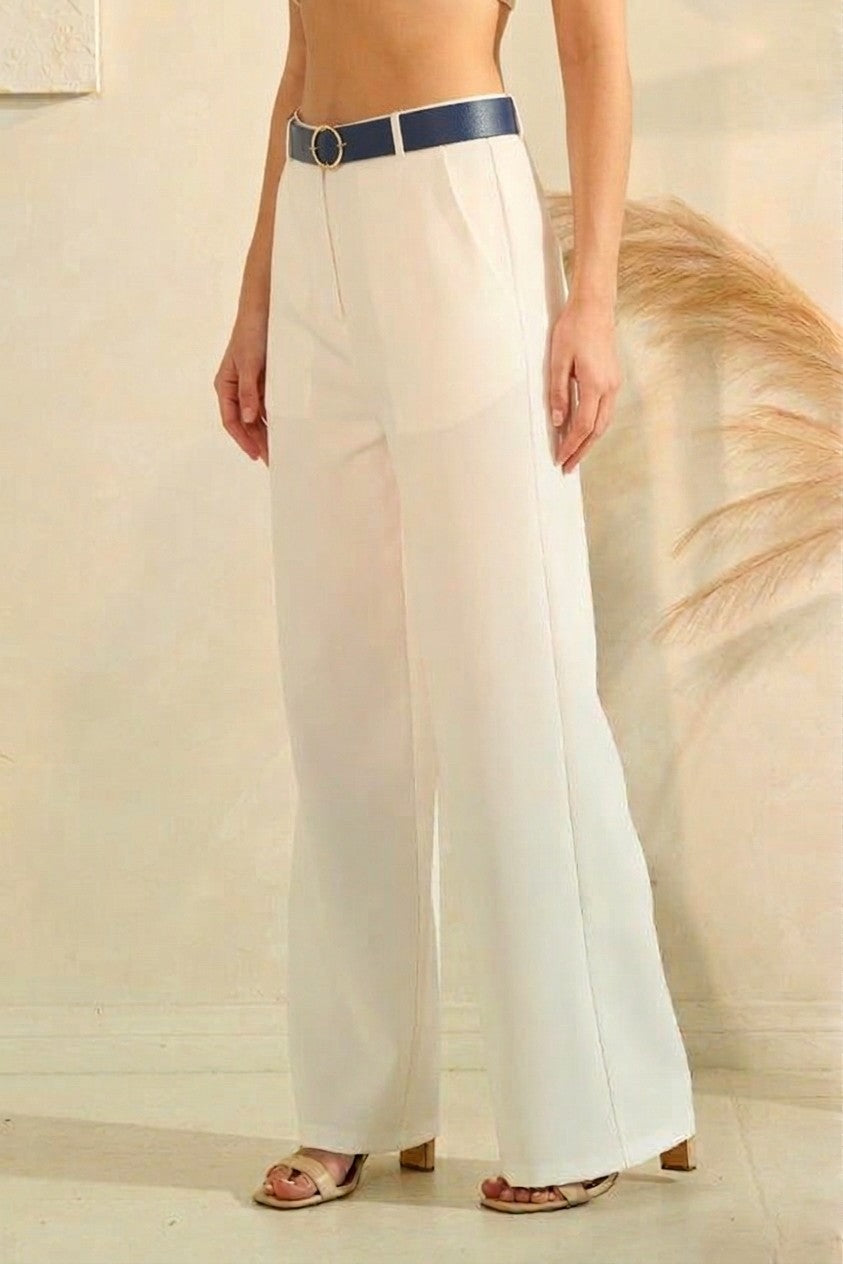Twill Leather Buckle Belted Wide Leg Trousers