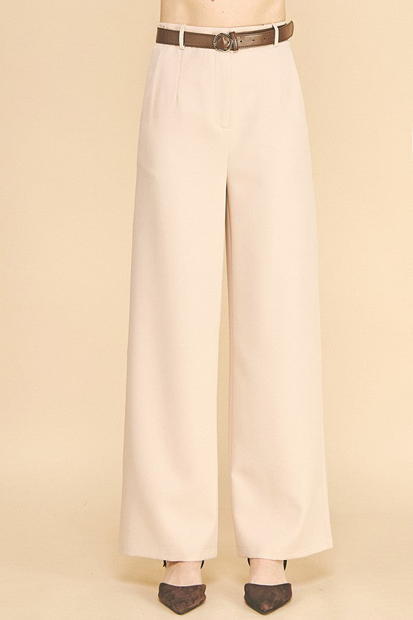 Twill Leather Buckle Belted Wide Leg Trousers