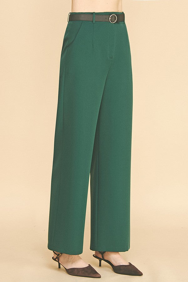 Twill Leather Buckle Belted Wide Leg Trousers