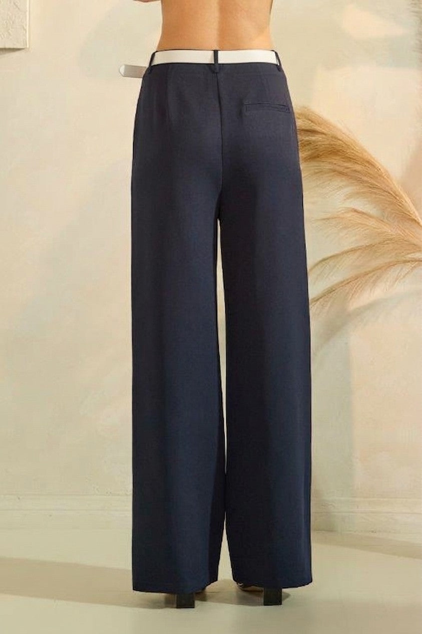 Twill Leather Buckle Belted Wide Leg Trousers