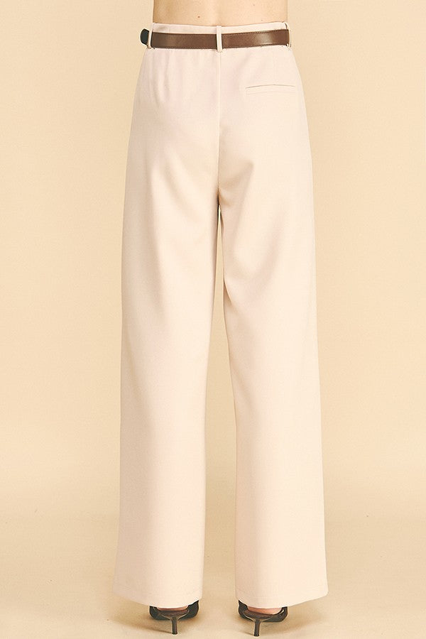 Twill Leather Buckle Belted Wide Leg Trousers