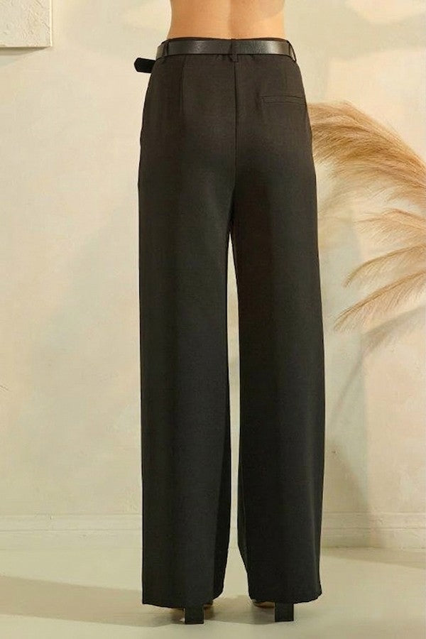 Twill Leather Buckle Belted Wide Leg Trousers