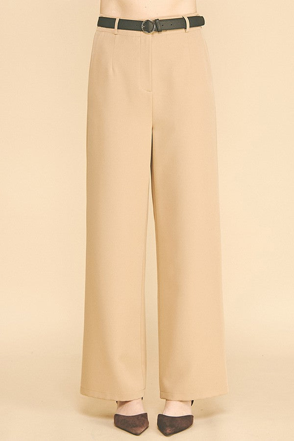 Twill Leather Buckle Belted Wide Leg Trousers