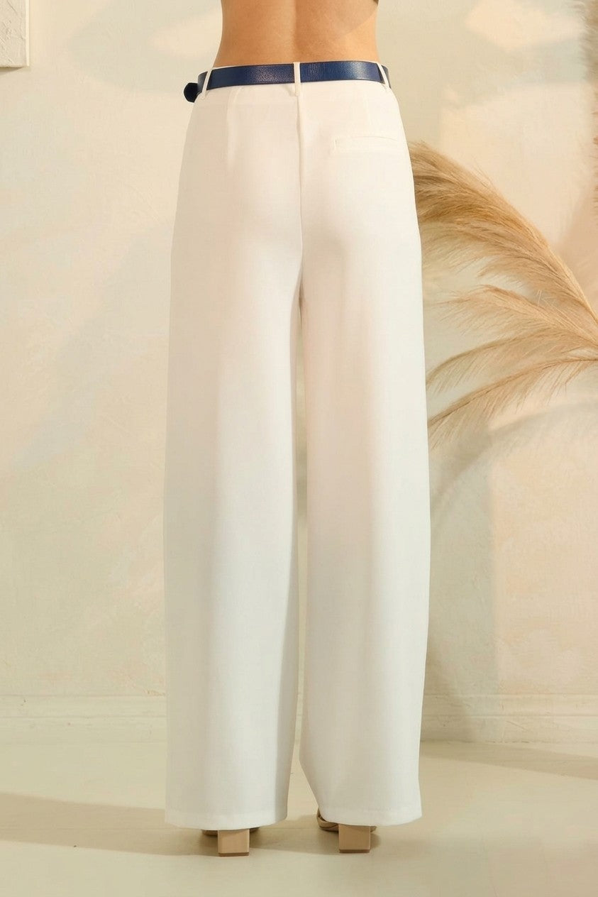 Twill Leather Buckle Belted Wide Leg Trousers