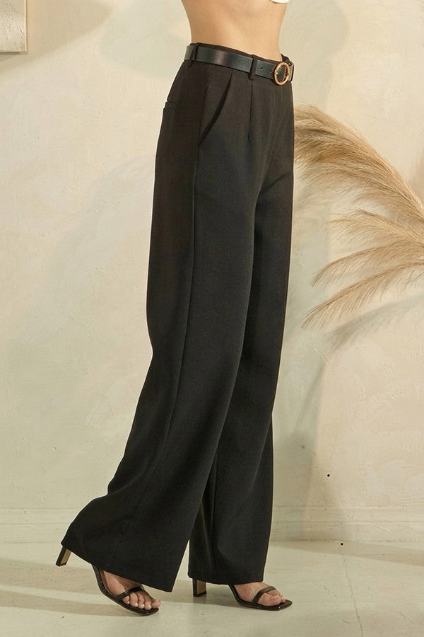 Twill Leather Buckle Belted Wide Leg Trousers