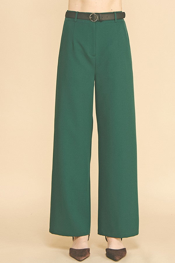 Twill Leather Buckle Belted Wide Leg Trousers