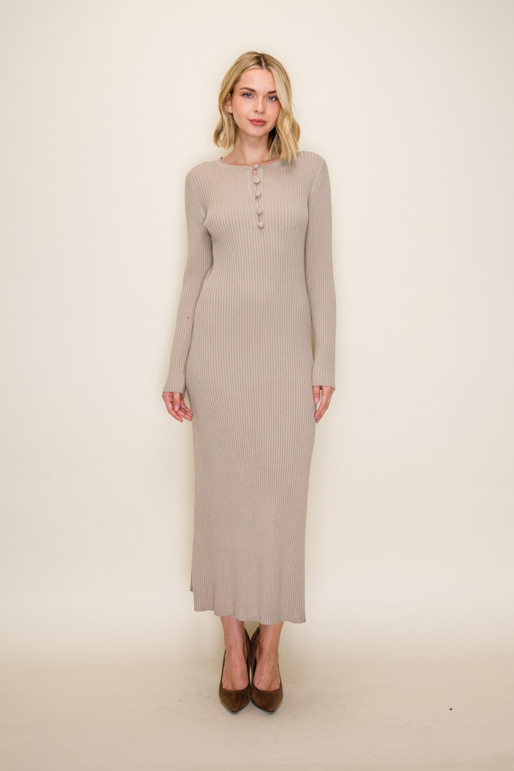 Long Sleeve Button-front Sweater Dress