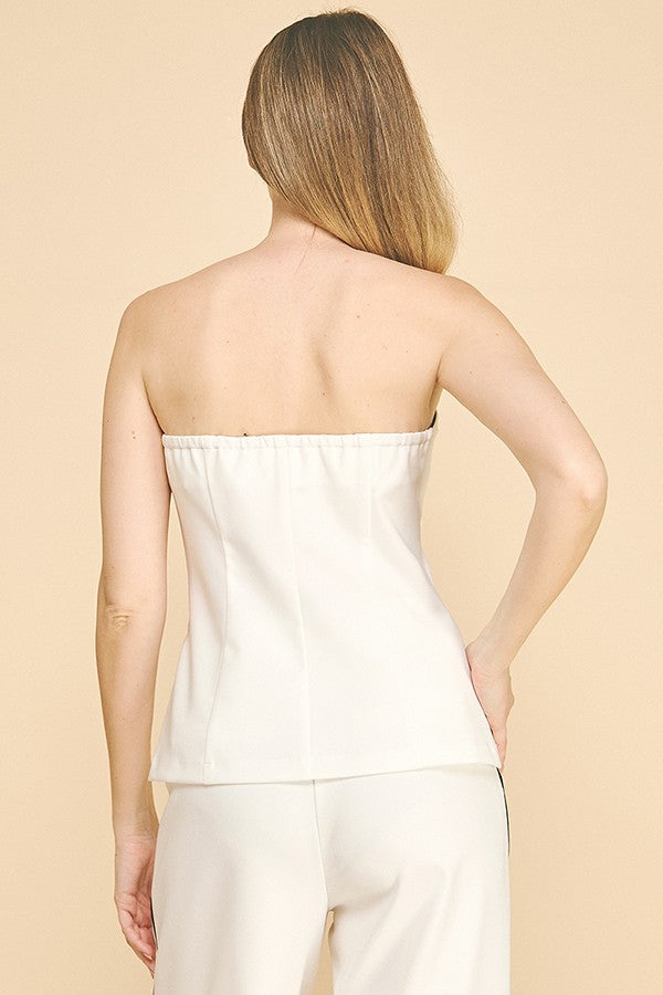 Contrast Trim Twill Strapless Tuxedo Style Corset Top