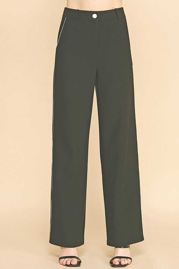 Contrast Twill Wide Straight Leg High Waisted Trousers Pants