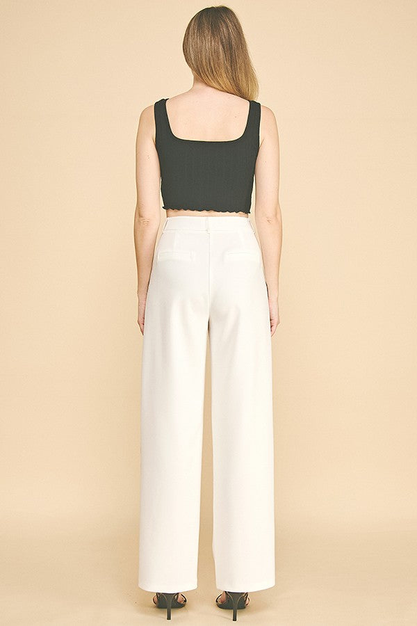 Contrast Twill Wide Straight Leg High Waisted Trousers Pants