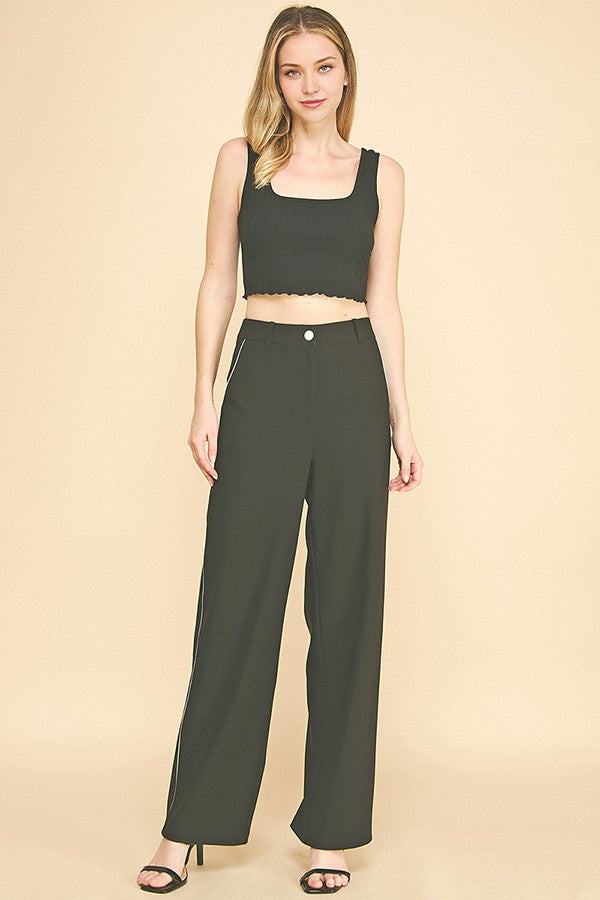 Contrast Twill Wide Straight Leg High Waisted Trousers Pants