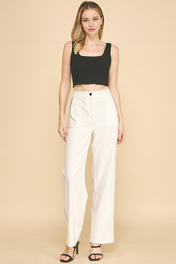 Contrast Twill Wide Straight Leg High Waisted Trousers Pants