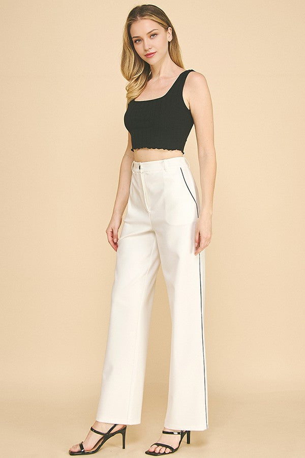 Contrast Twill Wide Straight Leg High Waisted Trousers Pants