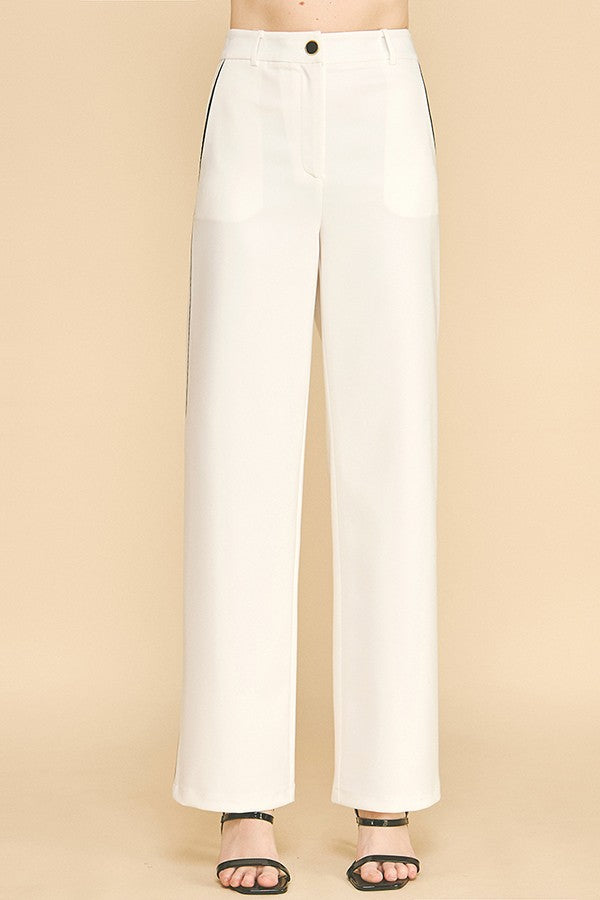 Contrast Twill Wide Straight Leg High Waisted Trousers Pants