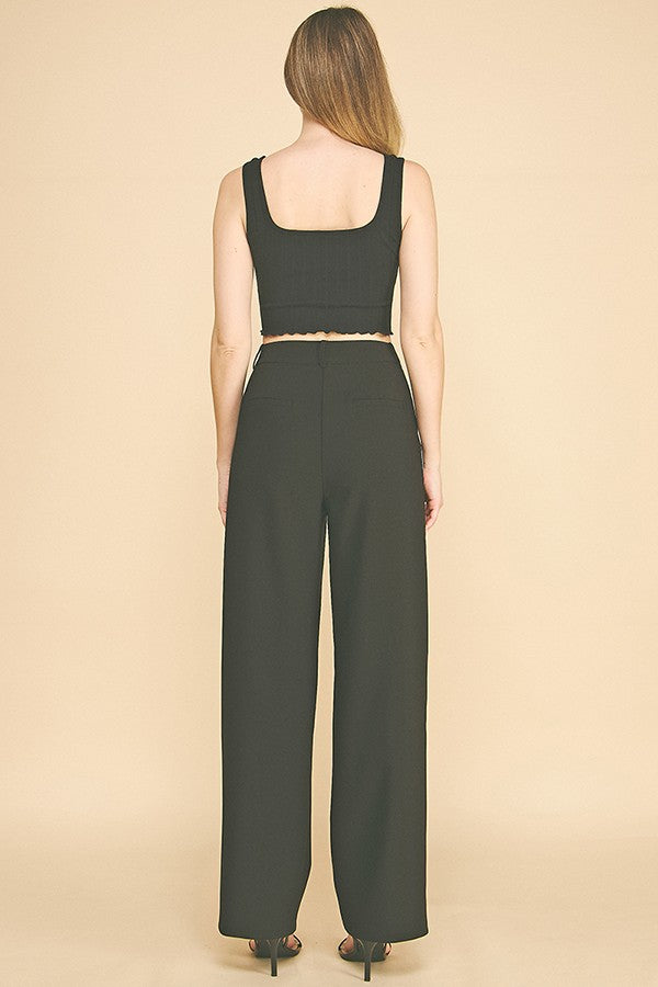 Contrast Twill Wide Straight Leg High Waisted Trousers Pants