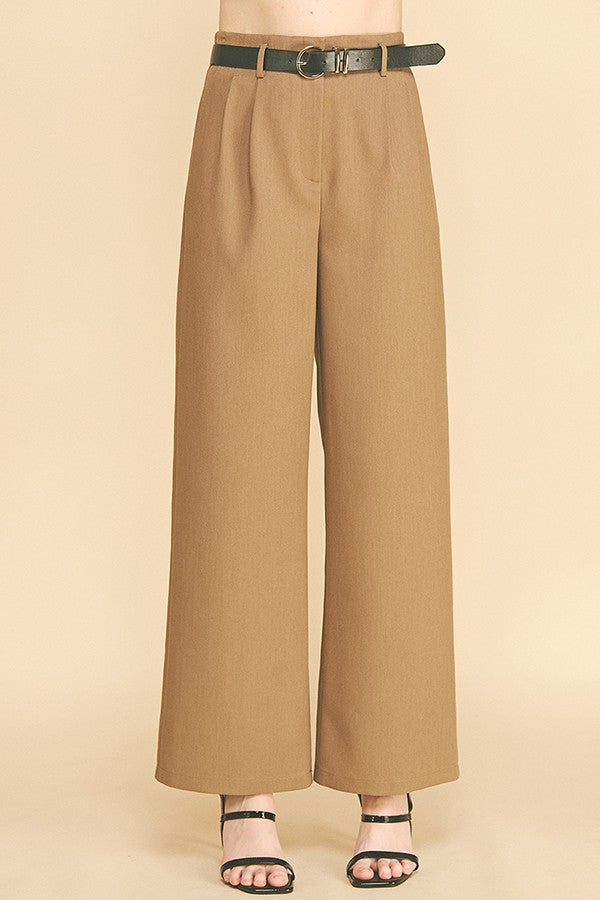 Twill Belted Double Pleated Waist Straight Wide Leg Trousers