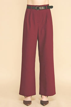 Twill Belted Double Pleated Waist Straight Wide Leg Trousers