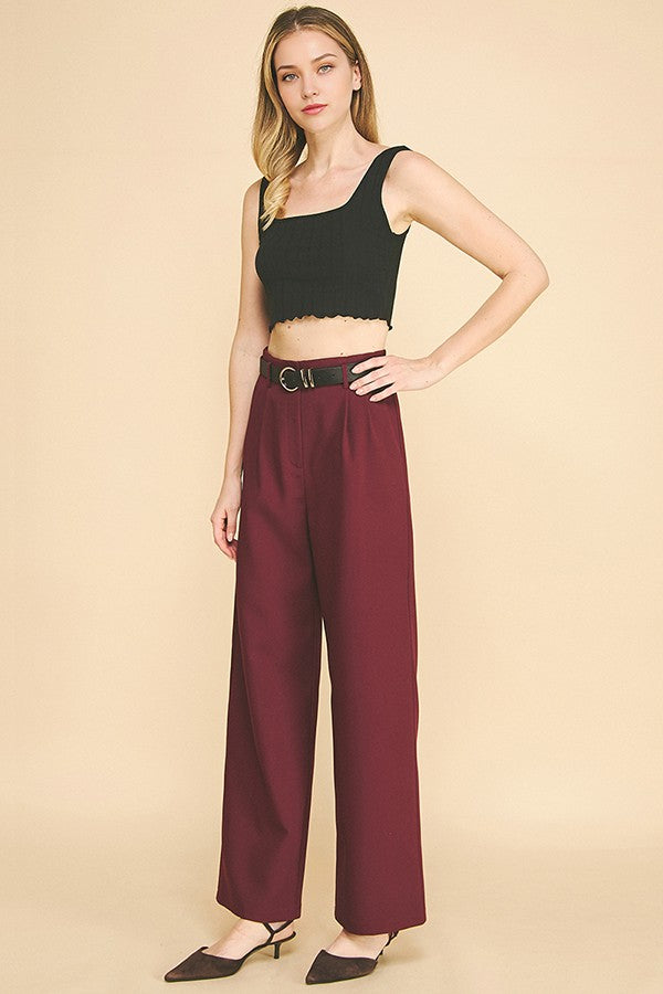 Twill Belted Double Pleated Waist Straight Wide Leg Trousers