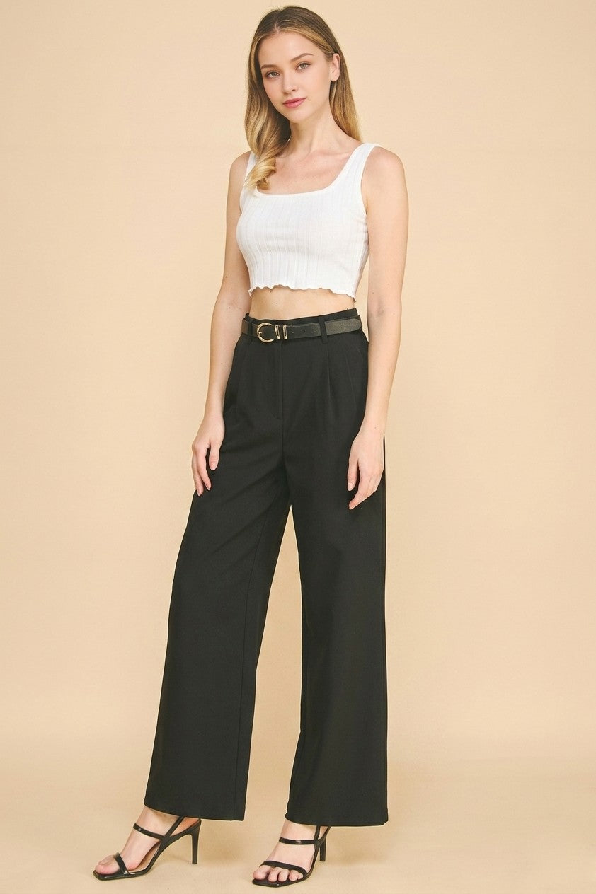 Twill Belted Double Pleated Waist Straight Wide Leg Trousers