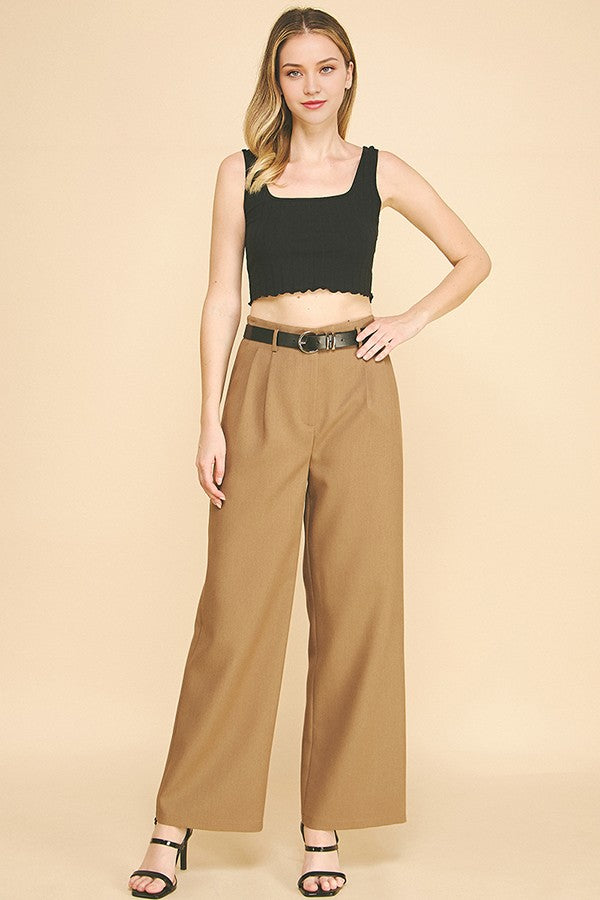 Twill Belted Double Pleated Waist Straight Wide Leg Trousers