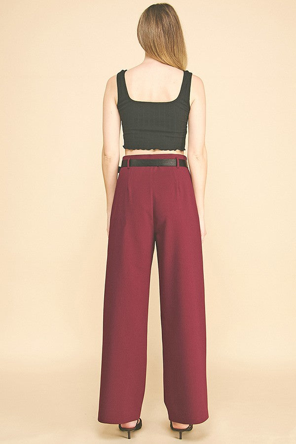 Twill Belted Double Pleated Waist Straight Wide Leg Trousers