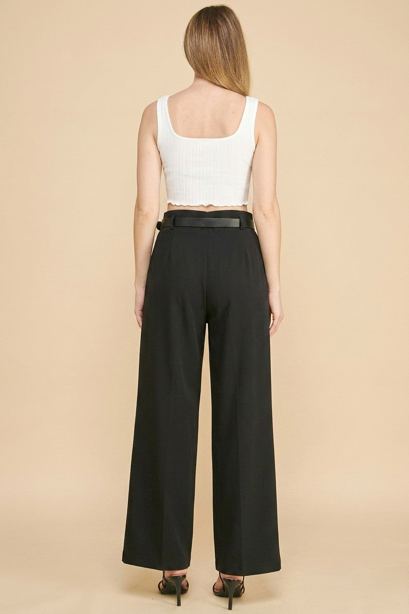 Twill Belted Double Pleated Waist Straight Wide Leg Trousers
