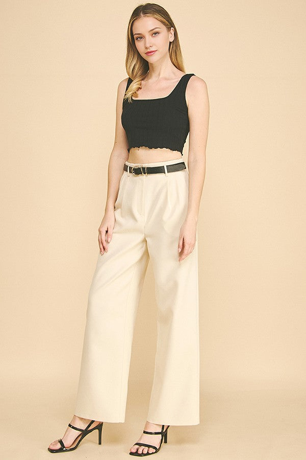 Twill Belted Double Pleated Waist Straight Wide Leg Trousers