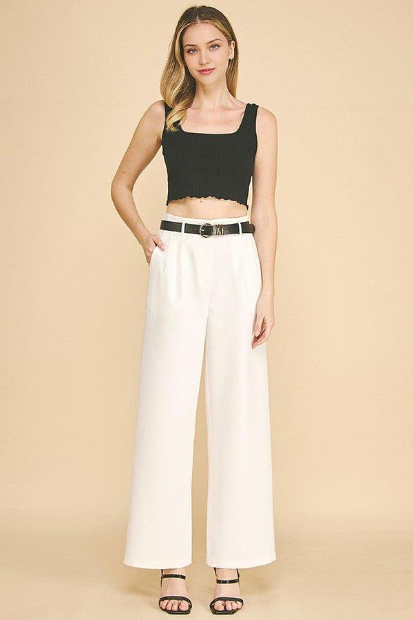 Twill Belted Double Pleated Waist Straight Wide Leg Trousers