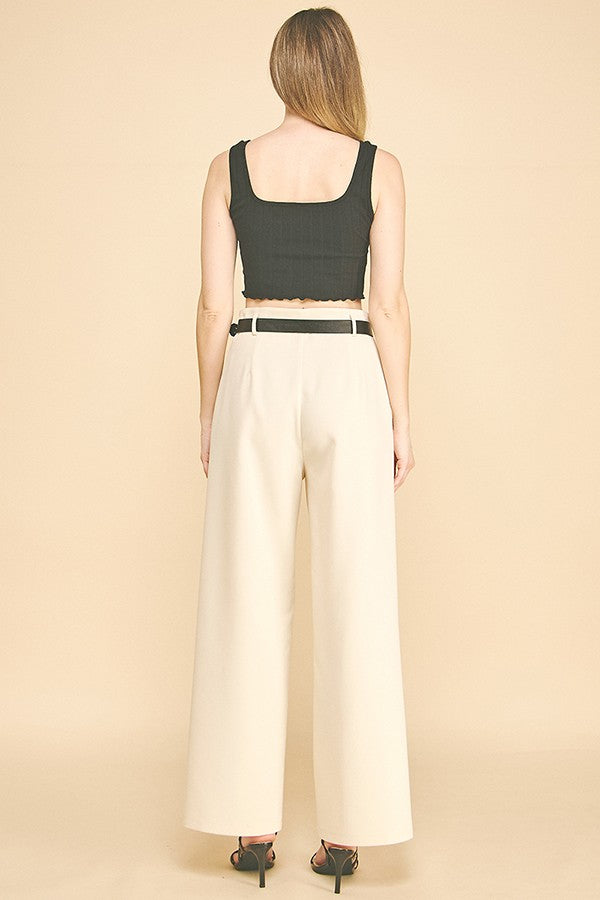 Twill Belted Double Pleated Waist Straight Wide Leg Trousers